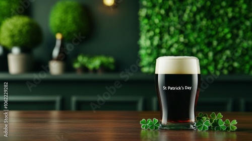 St Patrick's Day written in rustic white chalk on a blackboard with clover leaf drawings and a pint of beer traditional Irish pub vibe  photo