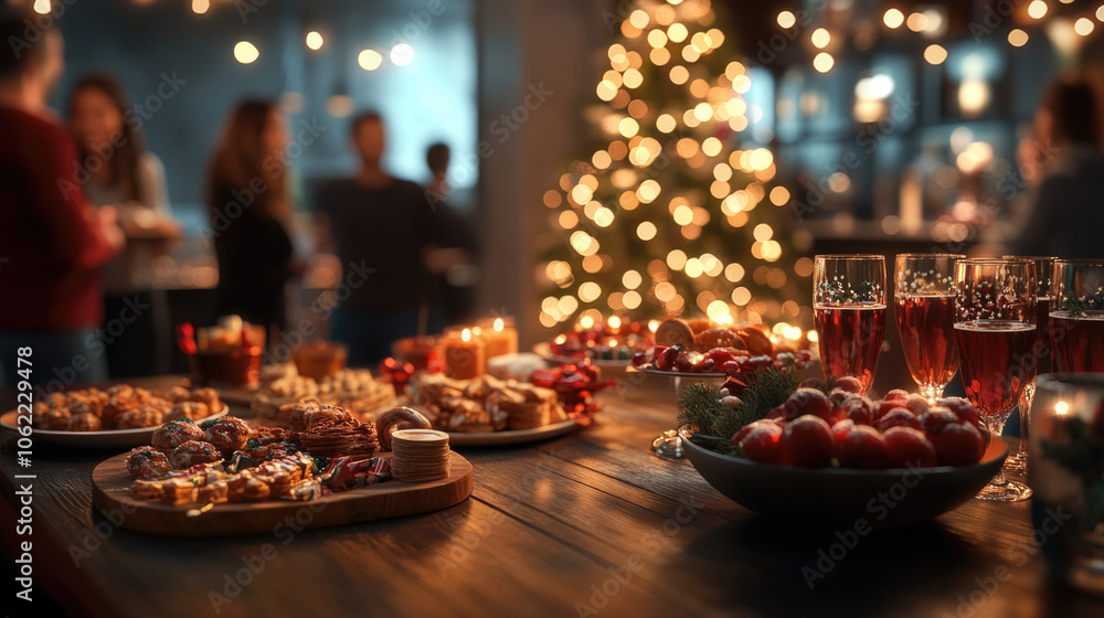 Christmas holiday party with people gathered around a decorated table with festive snacks, drinks, and Christmas tree Christmas holiday party with people gathered around a decorated table with festive snacks, drinks, and Christmas tree