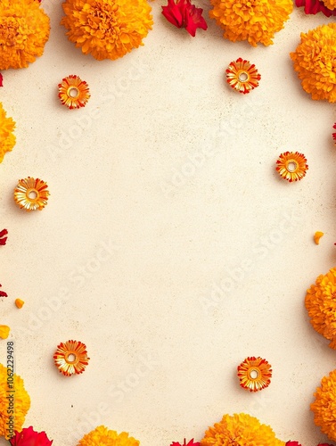 Onam intagram post background with onam ornaments pookolam and marigold garland with empty beige blank space in the middle ,generative ai