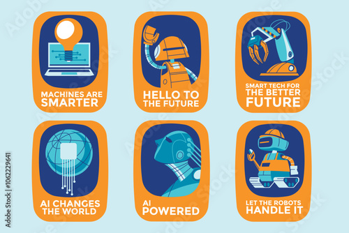 Artificial Intelligence Modern Technologies Illustration Sticker and Emblem Set