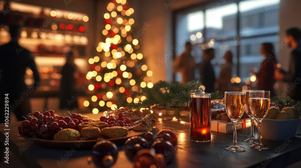 Christmas holiday party with people gathered around a decorated table with festive snacks, drinks, and Christmas tree Christmas holiday party with people gathered around a decorated table with festive snacks, drinks, and Christmas tree