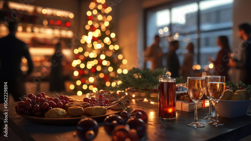 Christmas holiday party with people gathered around a decorated table with festive snacks, drinks, and Christmas tree