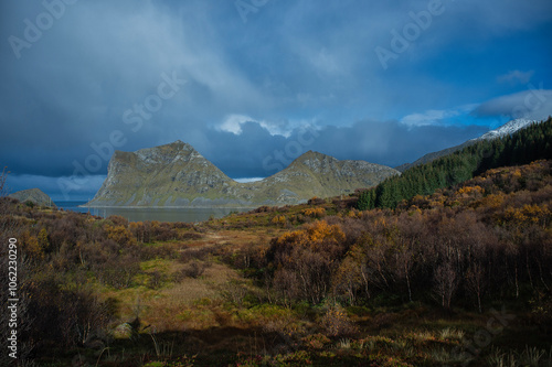 Aerial view towards Mt Mannen and Mt Veggen, Lofoten, Lofoten and Vesteral Islands, Nordland, Norway photo