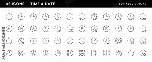 Date and clock icon collection. Time, clock, alarm, appointment, schedule, reminder, timer, stopwatch, hourglass, date and more. Editable stroke. Pixel Perfect. Grid base 32px.