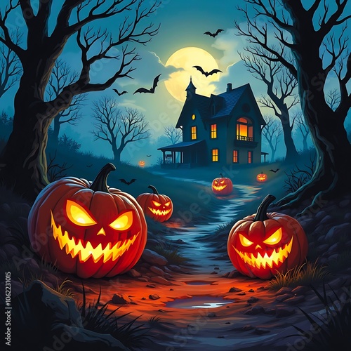 Halloween with realistic pumpkins illustration image  photo