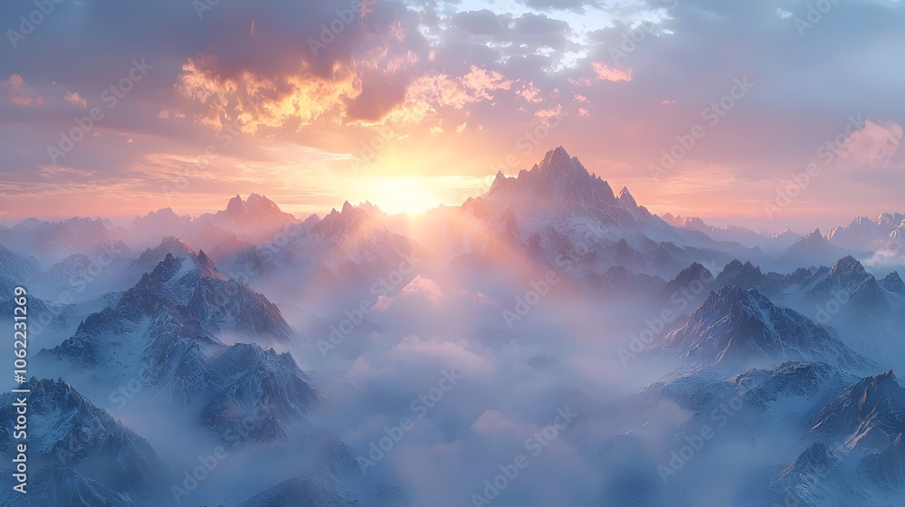 A breathtaking sunrise over majestic snow-capped mountains, casting golden light and long shadows across the misty valleys, creating a serene and ethereal atmosphere. A breathtaking sunrise over majestic snow-capped mountains, casting golden light and long shadows across the misty valleys, creating a serene and ethereal atmosphere.