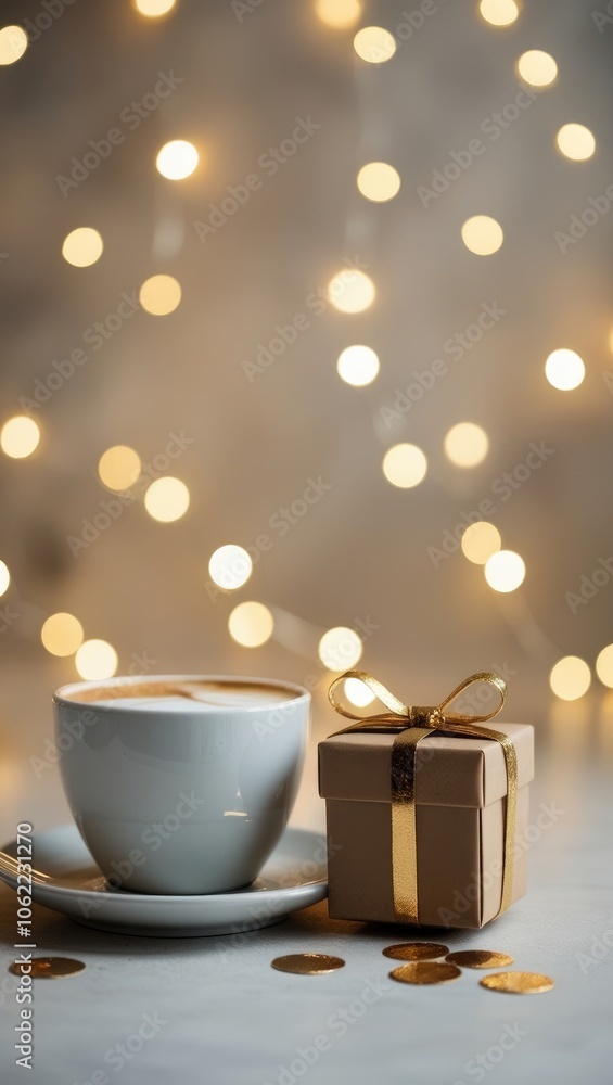 Fototapeta premium Hot coffee with gift box on wooden table in festive bokeh background. AI generated