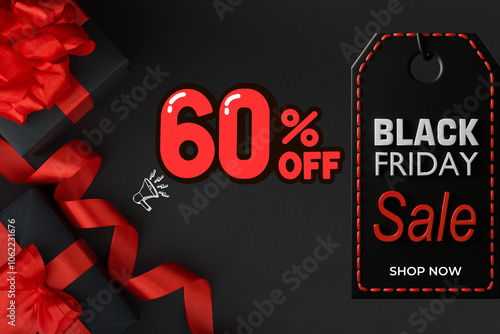A Black Friday sale banner with a 60% off discount. The design features a red price tag, black gift boxes with red ribbons, and a megaphone, creating a festive and dynamic shopping promotion.