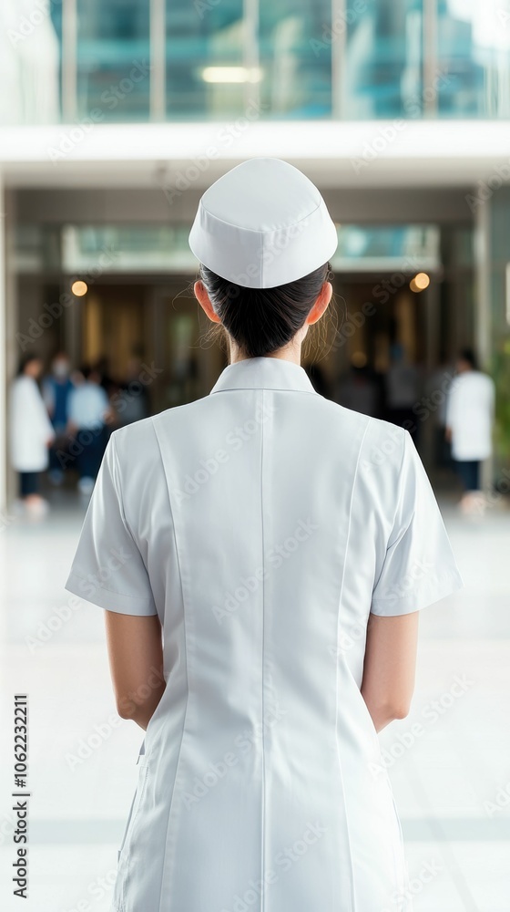 Nurse in uniform standing with her back to the camera, facing the hospital entrance, signifying readiness, responsibility, and the dedication to providing healthcare. Nurse in uniform standing with her back to the camera, facing the hospital entrance, signifying readiness, responsibility, and the dedication to providing healthcare.