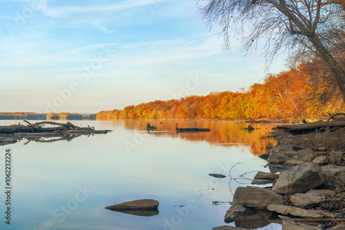 Potomac river at autumn sunrise. Lock 23 of Chesapeake and Ohio Canal National Historical Park