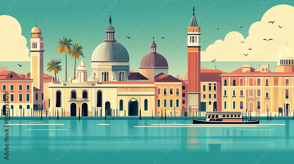 Fototapeta premium Flat vector illustration of the cityscape of Venice, Italy, featuring palaces and canals, with simple shapes, flat colors, and clean lines