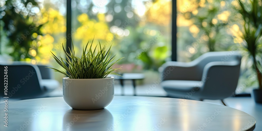 Blurred background of a modern office interior with a potted plant on a table Blurred background of a modern office interior with a potted plant on a table