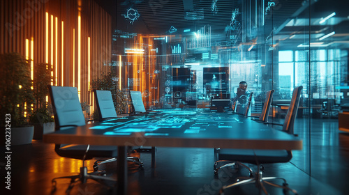 A futuristic office setting where team members use augmented reality tools to engage with customer data and build stronger business relationships through CMR practices.  photo