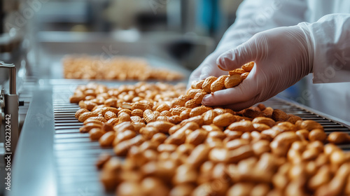 Hands in white gloves meticulously picking up fried cashew nuts from the production line table