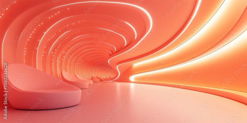 Fototapeta premium Abstract peach-colored curved tunnel with flowing LED lights