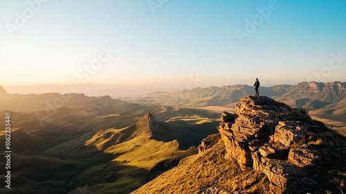 hiker in the mountains, man standing on top of a mountain while enjoying sunset on the mountain photo