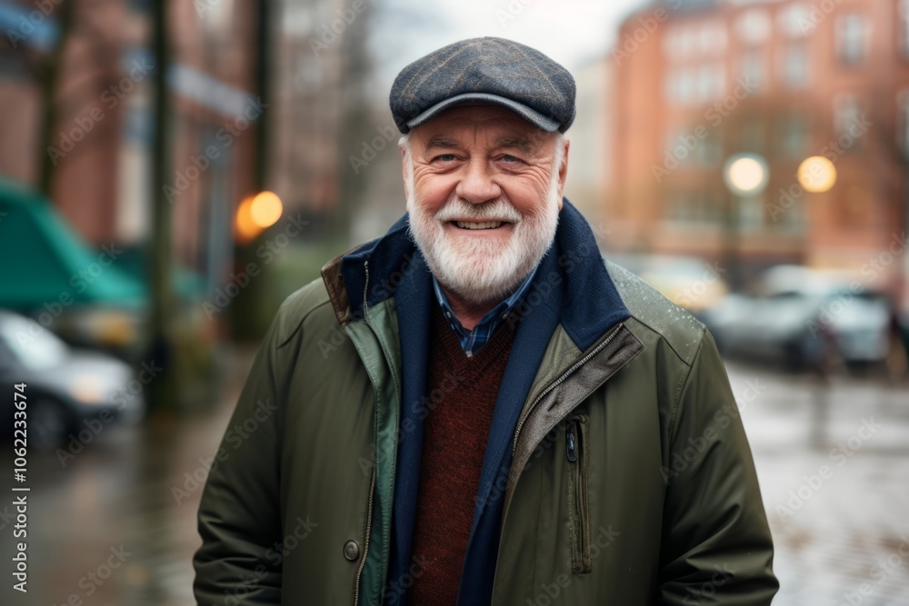 Portrait of a senior man with grey beard wearing a cap in the city. Portrait of a senior man with grey beard wearing a cap in the city.