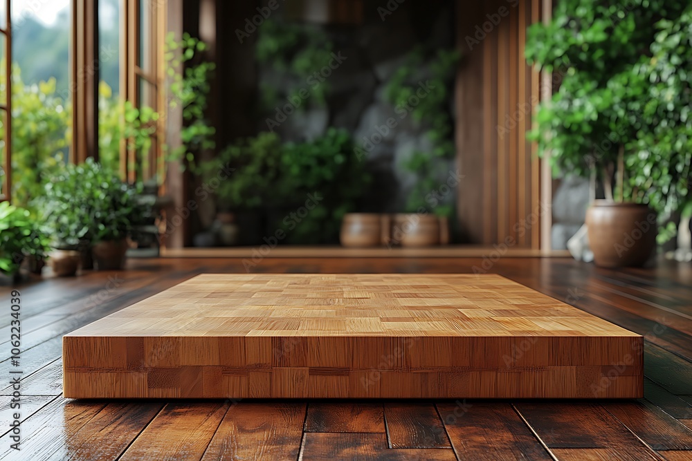 Empty wooden table in a serene and minimalist Japanese-inspired interior Empty wooden table in a serene and minimalist Japanese-inspired interior