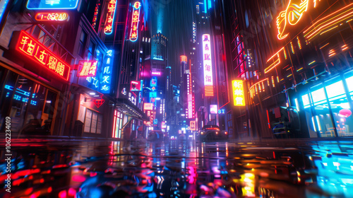 Vibrant Cityscape with Neon Lights and Cyberpunk Feel