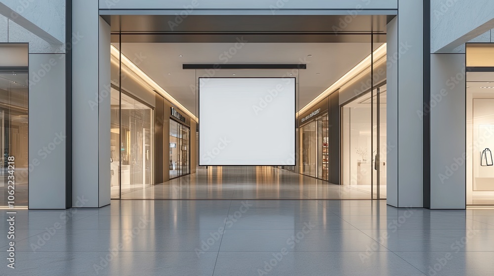 Blank banner on shopping mall facade with glass accents, perfect for brand messages or promotions, framed by chic architecture. Blank banner on shopping mall facade with glass accents, perfect for brand messages or promotions, framed by chic architecture.