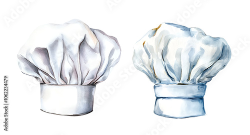 White culinary chef hat, watercolor clipart illustration with isolated background.