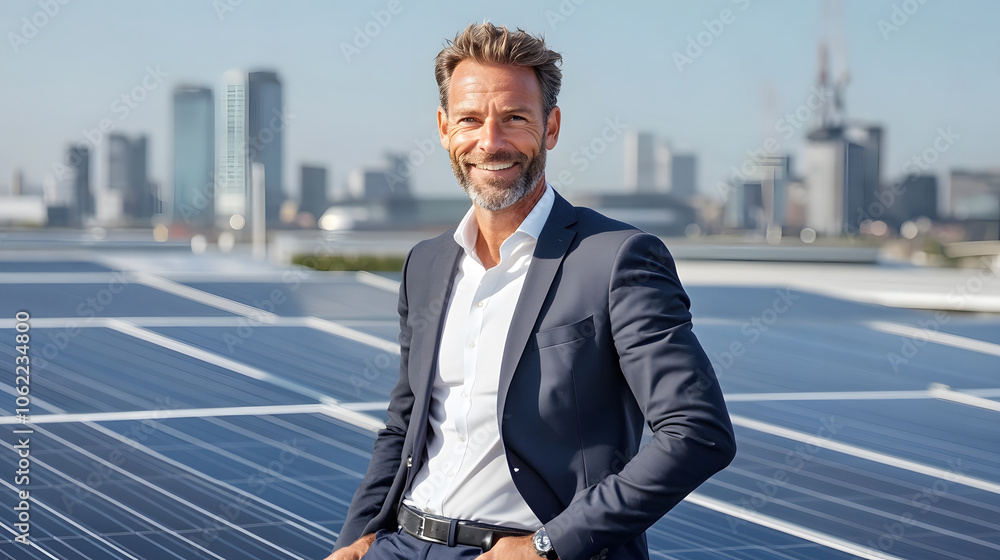 High resolution image of solar panels on rooftop with smiling man