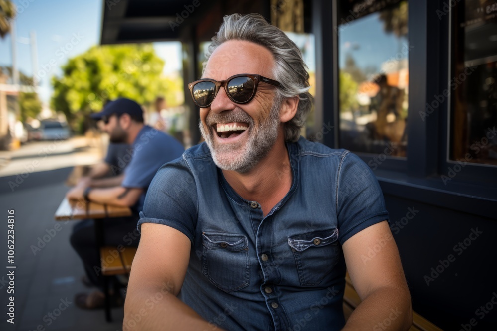 Handsome middle-aged man with gray hair and sunglasses sitting in a street cafe and smiling. Handsome middle-aged man with gray hair and sunglasses sitting in a street cafe and smiling.