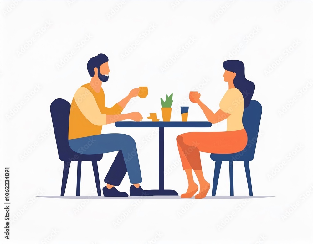 Couple enjoying coffee and conversation at a cozy cafe table in an inviting atmosphere Couple enjoying coffee and conversation at a cozy cafe table in an inviting atmosphere