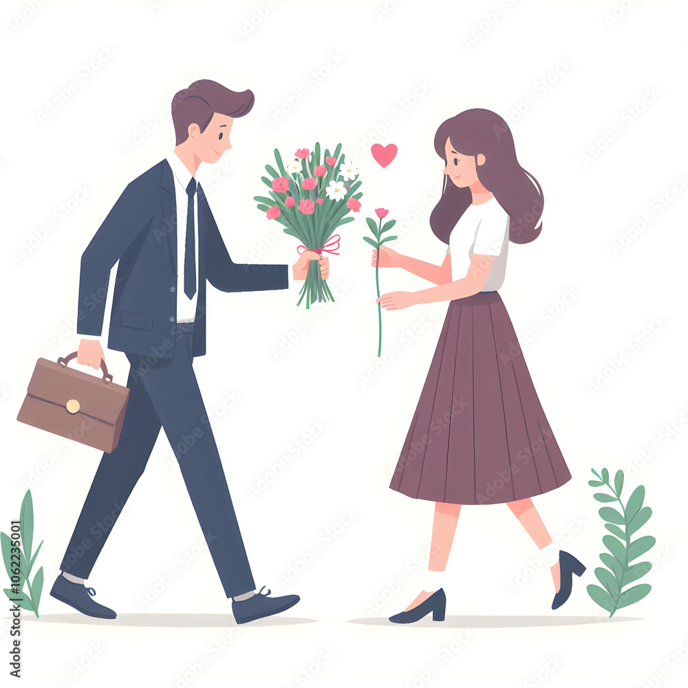 Businessman presents woman with stunning bouquet of flowers, expressing love, romance, and gratitude Businessman presents woman with stunning bouquet of flowers, expressing love, romance, and gratitude