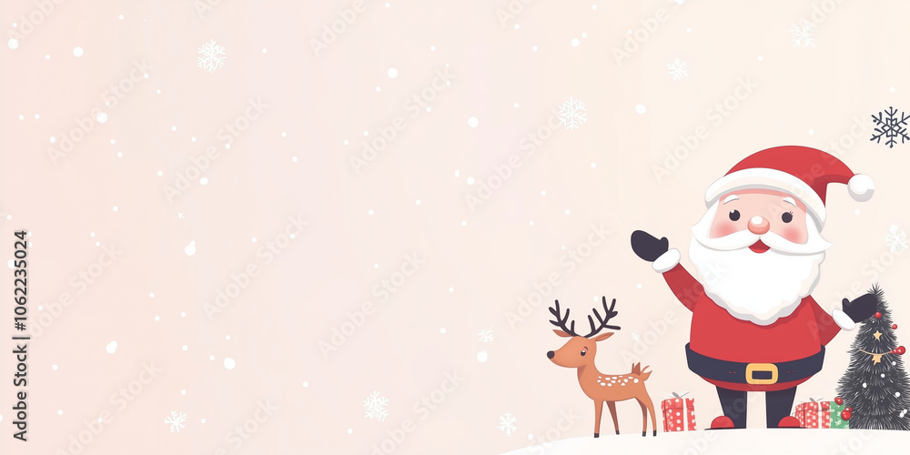 Festive holiday background featuring a cute Santa Claus waving beside a reindeer and decorated Christmas tree with gifts on a light beige backdrop with place for text Festive holiday background featuring a cute Santa Claus waving beside a reindeer and decorated Christmas tree with gifts on a light beige backdrop with place for text