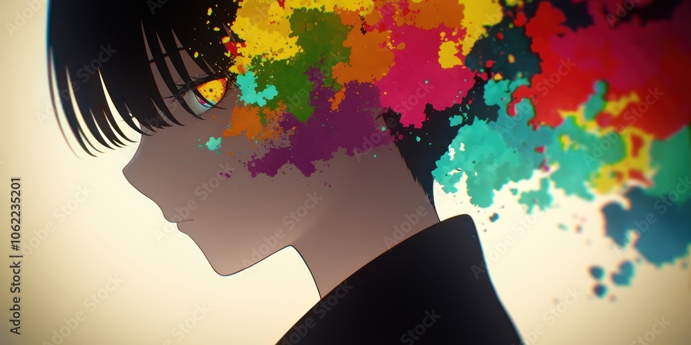 An anime character with vibrant colors exploding from their head in a creative expression of imagination and emotions An anime character with vibrant colors exploding from their head in a creative expression of imagination and emotions