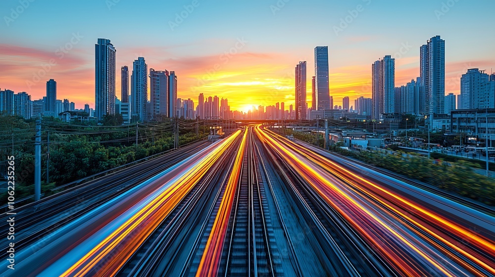 Fototapeta premium Dynamic Cityscape at Sunset with Light Trails Across Urban Skyline