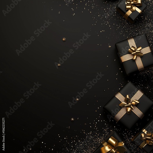 Luxury background with black wrapped gifts with golden bows with place for text. For holiday banners, black friday sales, posts, stories, festive event promotions