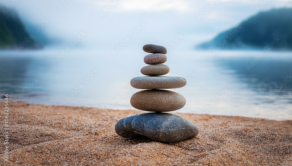 Fototapeta premium Balanced stones on a beach with a soft, misty background