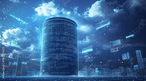 A futuristic silo surrounded by data clouds, representing efficient storage solutions and rapid adjustments to inventory based on market trends.  photo