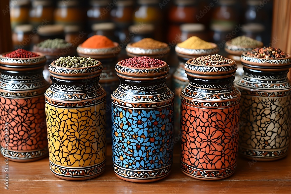 Colorful hand-painted ceramic jars filled with spices Colorful hand-painted ceramic jars filled with spices