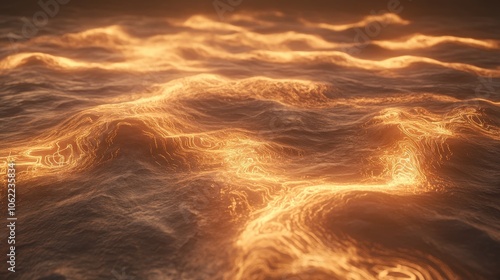 Glowing waves ripple gently across a tranquil surface at dusk, creating a stunning visual experience of light and water