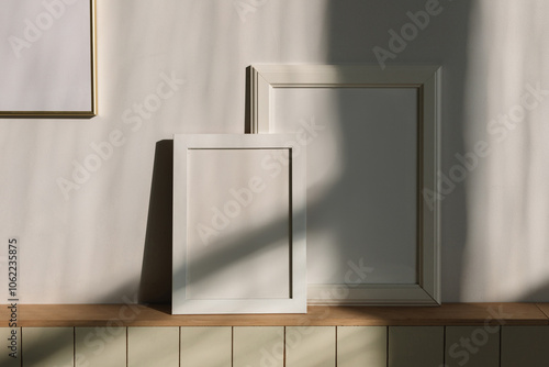 Close-up of blank picture frames in the sunlight on a shelf in a living room photo