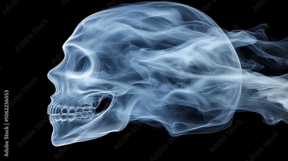 A skull made of smoke, viewed from the side, against a black background. A skull made of smoke, viewed from the side, against a black background.