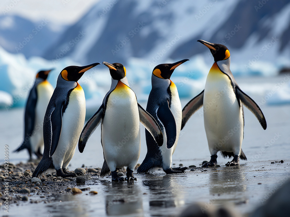 Obraz premium King penguins walking on shore near icebergs in antarctica