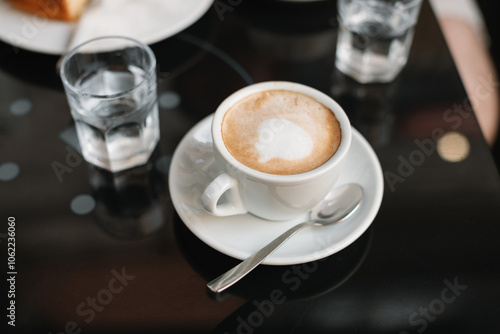 Close-up of a cappuccino and a glass of water on a table at an outdoor café photo