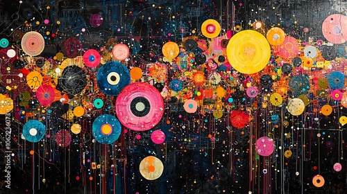 Wallpaper Mural Vibrant Abstract Art – Colorful Circular Patterns on Black Canvas Torontodigital.ca