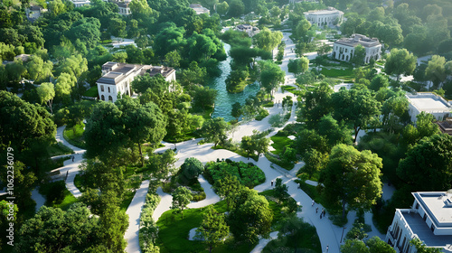 Aerial view of lush city park with green spaces and pathways photo