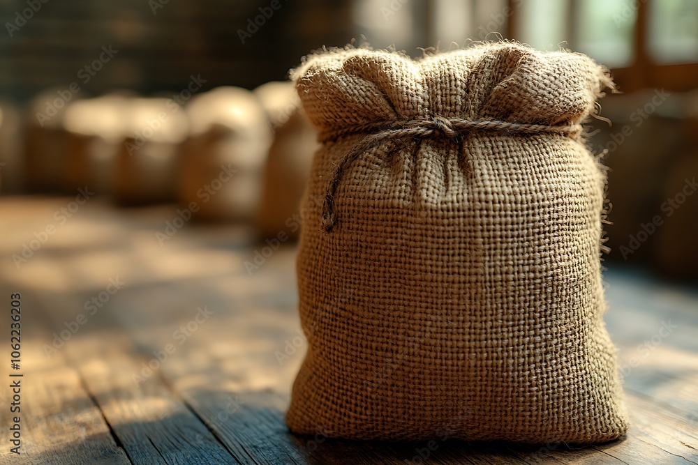 A burlap sack rests on a wooden floor, suggesting a rustic and agricultural setting. A burlap sack rests on a wooden floor, suggesting a rustic and agricultural setting.