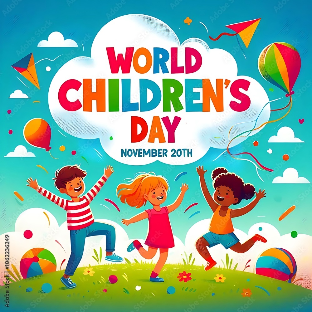 Fototapeta premium World childrens day social media post banner for a childrens birthday with a boy holding a balloon