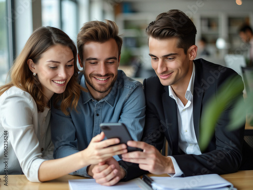 Business team smiling and using smartphone in office