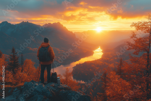 Hiker Watching Sunrise Over Autumn Mountains