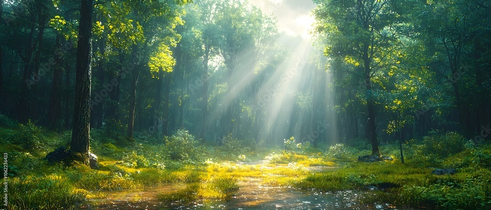 A serene forest scene with vibrant green trees and sunbeams streaming through the canopy, creating a magical atmosphere filled with tranquility and nature's beauty. A serene forest scene with vibrant green trees and sunbeams streaming through the canopy, creating a magical atmosphere filled with tranquility and nature's beauty.