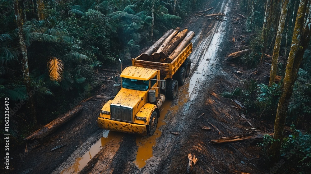 Logging Truck in Rainforest Deforestation Environmental Damage Logging Truck in Rainforest Deforestation Environmental Damage