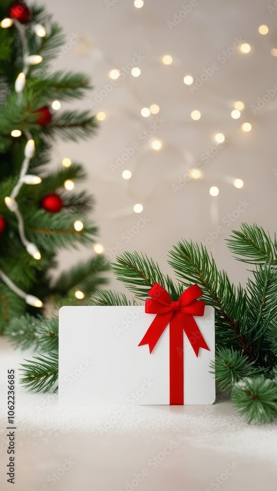 Card with red ribbons bow on festive Christmas background. AI generated Card with red ribbons bow on festive Christmas background. AI generated
